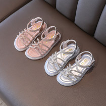 Kid Girl Open-Toed Rhinestone Weave Hollowed Out Velcro Sandals Shoes