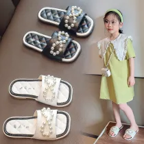 Kid Girl Open-Toed Pearl Soft Bottom Beach Summer Slippers