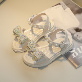 Kid Girl Open-Toed Rhinestone Bowknot Pearl Soft Bottom Velcro Sandals Shoes