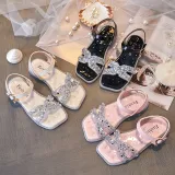 Kid Girl Open-Toed Bright Drill Soft Bottom Velcro Sandals Shoes