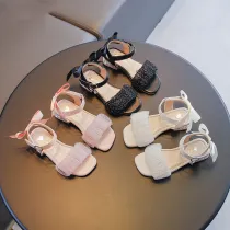 Kid Girl Open-Toed Sequin Gauze Mesh Bowknot Soft Bottom Velcro Sandals Shoes