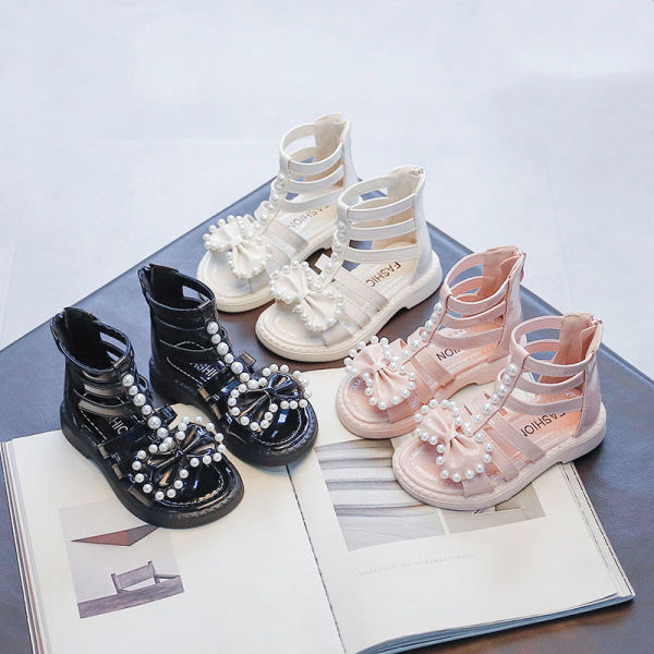 Kid Girl Open-Toed Pearl Bowknot Gladiator Zipper Sandals Shoes