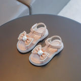 Kid Girl Open-Toed Pearl Bowknot Soft Bottom Velcro Sandals Shoes