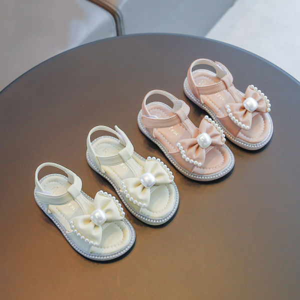Kid Girl Open-Toed Pearl Bowknot Soft Bottom Velcro Sandals Shoes