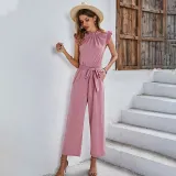 Women Smocked High-Neck Sleeveless Tie Waist Wide Leg Jumpsuit