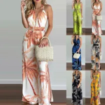 Women Sling Sleeveless Surplice High Waist Palm Halter Jumpsuit