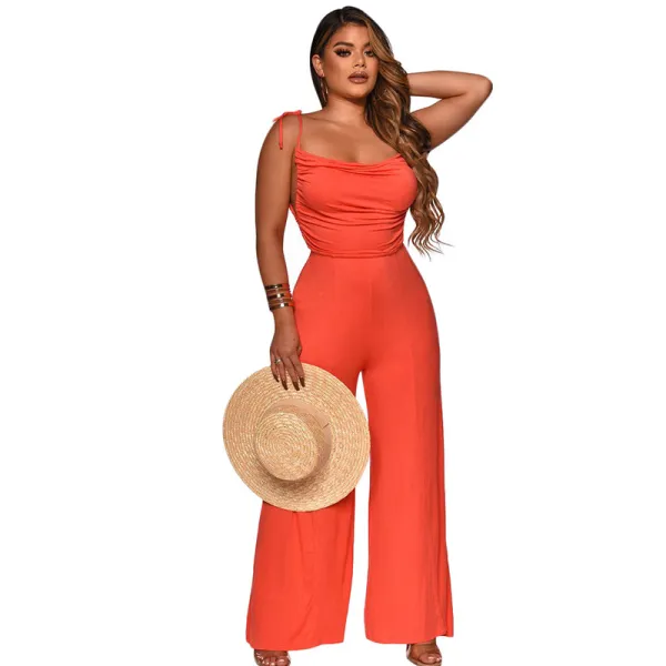 Women Halter Strappy Plunging Neckline Backless Elegant Jumpsuit