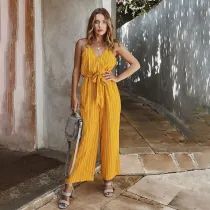 Women Sleeveless Surplice Wide Leg Belt Striped Jumpsuit