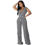 Women Wedgie Sleeveless Houndstooth Plunging Necklin Casual Jumpsuit