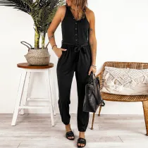 Women Sleeveless V-Neck Button Front Smocked Waist Jumpsuit