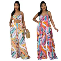 Women Sling High Waist Color Stitching Wide Leg Casual Jumpsuit
