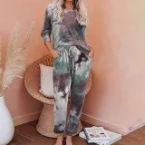 Women Long Sleeve Tie dye Lounge Smocked Waist Jumpsuit