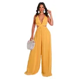 Women Halter Sleeveless Backless Cut Out Waist Wide Leg Jumpsuit