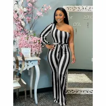 Women One-Shoulder Long Sleeve Striped Straight Pants Casual Jumpsuit