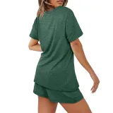 Women Short Sleeve Round-Neck Drawstring Cotton Home Romper
