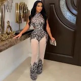 Women Mock-Neck Sleeveless Mesh Perspective Backless Bodycon Jumpsuit