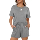 Women Short Sleeve Round-Neck Drawstring Cotton Home Romper