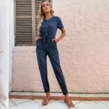 Women Short Sleeve Button Front Smocked Waist Jumpsuit