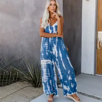 Women Sling Apron Tie Dye Wide Leg Casual Jumpsuit