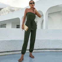 Women Off The Shoulder Strapless Smocked Waist Cuffed Jumpsuit