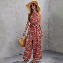 Women Halter Sleeveless Floral Printed High Waist Wide Leg Casual Jumpsuit