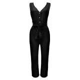 Women Wedgie Sleeveless V-Neck Button Front Belt Casual Jumpsuit