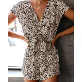 Women Short Sleeve Surplice Leopard Print Short Mini Casual Jumpsuit