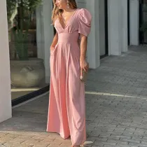 Women Puff Sleeve High Waist Wide Leg Casual Jumpsuit