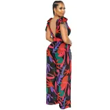 Women Sleeveless Plunging Neckline Palm Print Wide Leg Loose Jumpsuit