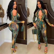 Women Hater Cold-Shoulder Green Stitching Frontless Bodycon Party Jumpsuit