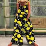 Women Sleeveless Daisy Printed Wide Leg Blouson Cover-Up Jumpsuit