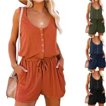 Women Sleeveless Apron Button Front Drawstring Short Jumpsuit