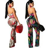 Women Strapless Palm Print High Waist Casual Jumpsuit