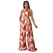 Women Halter Floral Printed Loose Wide Leg Casual Jumpsuit