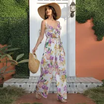 Women Sling Sleeve High Waist Floral Printed Swing Wide Leg Jumpsuit