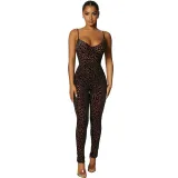 Women Sing Sleeveless  Leopard Print Sweetheart Bodycon Jumpsuit