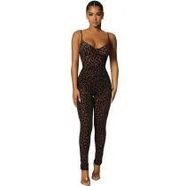 Women Sing Sleeveless  Leopard Print Sweetheart Bodycon Jumpsuit