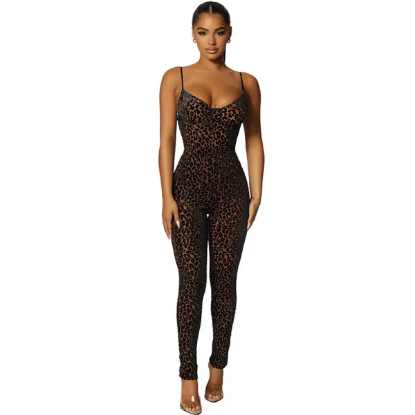 Women Sing Sleeveless  Leopard Print Sweetheart Bodycon Jumpsuit