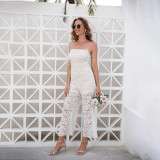 Women Sling Sleeveless Lace See-through Casual Jumpsuit