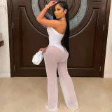 Women Strapless High Waist Mesh Perspective Pants Sexy Jumpsuit