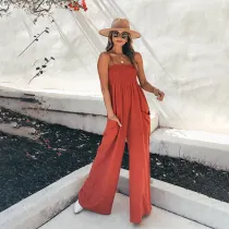 Women Sling Sleeveless Smocked Waist Wide Leg Casual Jumpsuit
