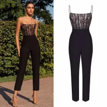 Women Sling Mesh See-through High Waist Pencil Pants Jumpsuit