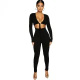 Women Long Sleeve Plunging Neckline Bodycon Jogging Jumpsuit