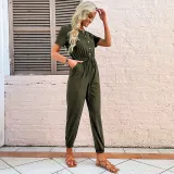 Women Short Sleeve Button Front Smocked Waist Jumpsuit