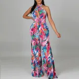 Women Halter Plunging Neckline Floral Printed Wide Leg Jumpsuit