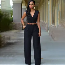 Women Sleeveless Surplice Solid Color Jumpsuit