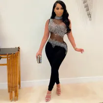 Women Sling Sleeveless Sweetheart Sequin Bodycon Jumpsuit