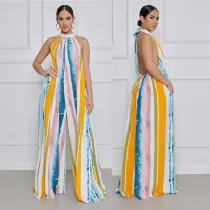 Women Sleeveless Mock-Neck Color Stitching Loose Wide Leg Jumpsuit