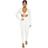 Women Long Sleeve Plunging Neckline Bodycon Jogging Jumpsuit