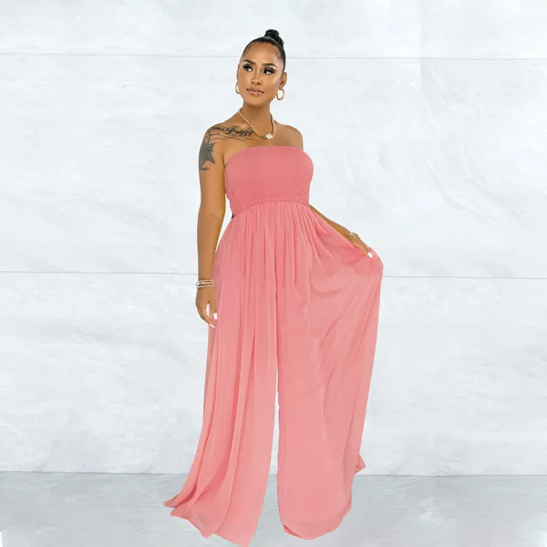 Women Strapless Smocked Culotte Wide Leg Casual Jumpsuit